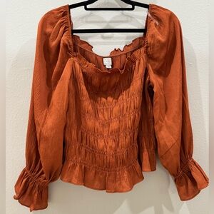 A New Day NWT Smocked Rust Orange Puff Sleeve Blouse Size L